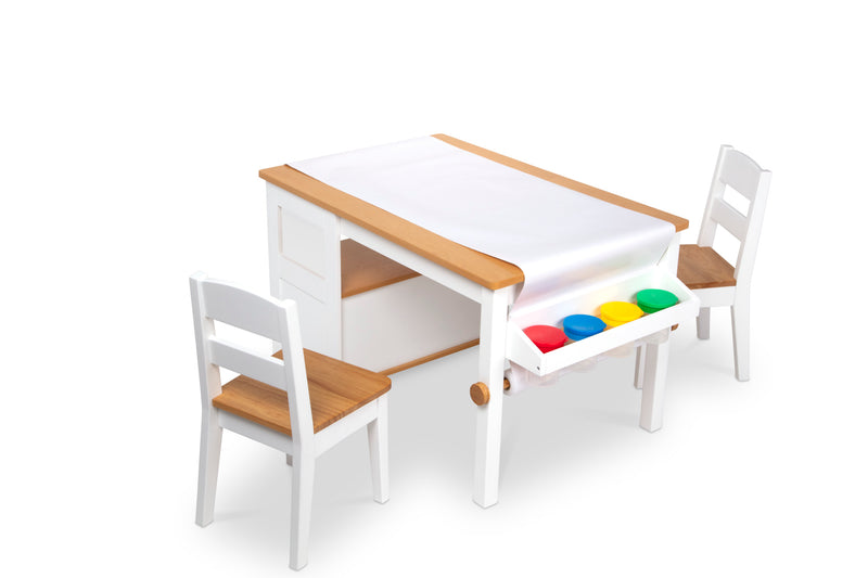 Melissa & Doug Wooden Art Table and 2 Chairs Set – Kids Furniture for Playroom, Light Woodgrain and White 2-Tone Finish