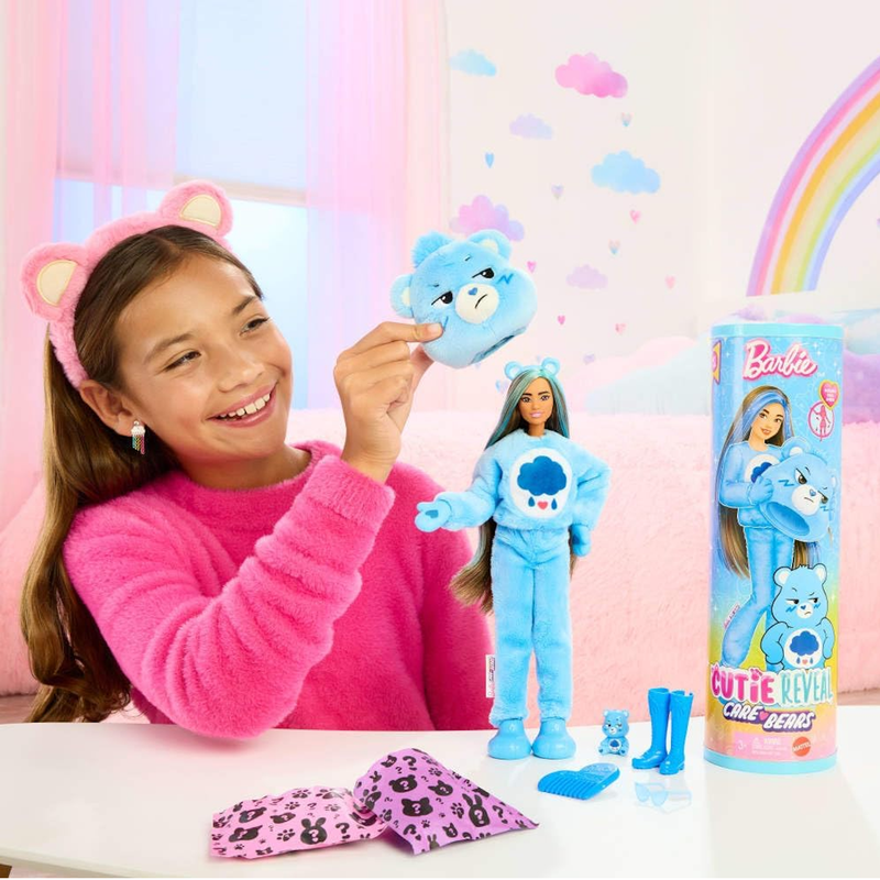 Barbie Cutie Reveal Care Bears Series Doll & Accessories Set with Grumpy Bear Costume & 10 Surprises Including Color Change & Mini Bear
