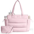 LOVEVOOK Tote Bag for Women with Giant Tumbler Holder Pocket, Puffer Work Travel Laptop Handbag with Zipper, Pink