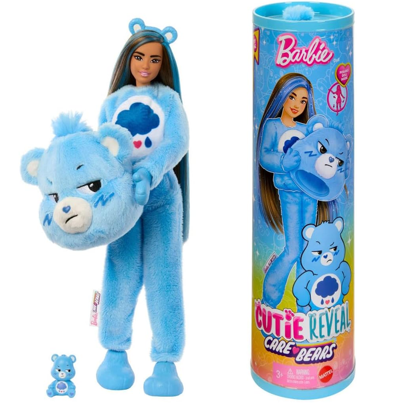 Barbie Cutie Reveal Care Bears Series Doll & Accessories Set with Grumpy Bear Costume & 10 Surprises Including Color Change & Mini Bear