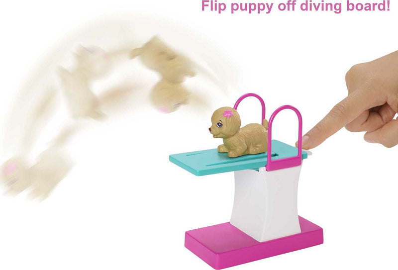 Barbie Dreamhouse Adventures Swim ‘n Dive Doll, 11.5-inch in Swimwear, with Diving Board and Puppy