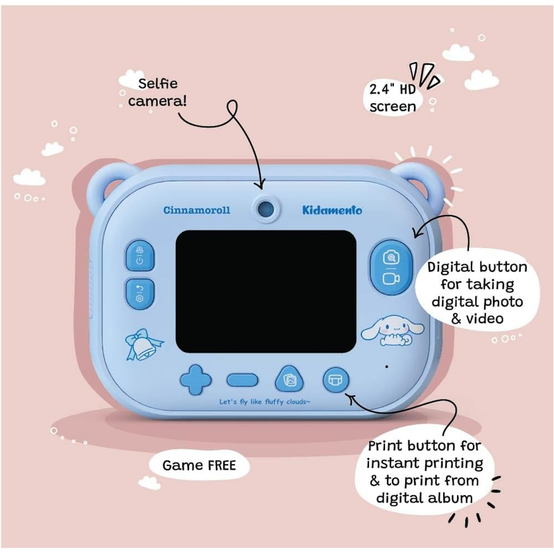 Cinnamoroll Instant Print Kids Digital Camera & Video Camcorder with Selfie Camera by Kidamento, 32GB Memory Card - Model P