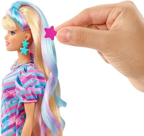 Barbie Totally Hair Doll, Star-Themed with 8.5-inch Fantasy Hair & 15 Styling Accessories (8 with Color-Change Feature)