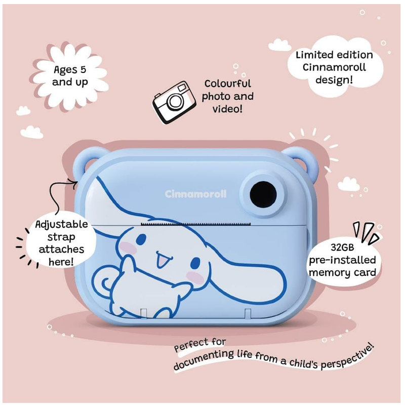 Cinnamoroll Instant Print Kids Digital Camera & Video Camcorder with Selfie Camera by Kidamento, 32GB Memory Card - Model P