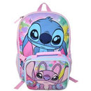 Disney Stitch and Angel 16" Shoulder Backpack for School with Rectangular Lunch Bag, For Girls