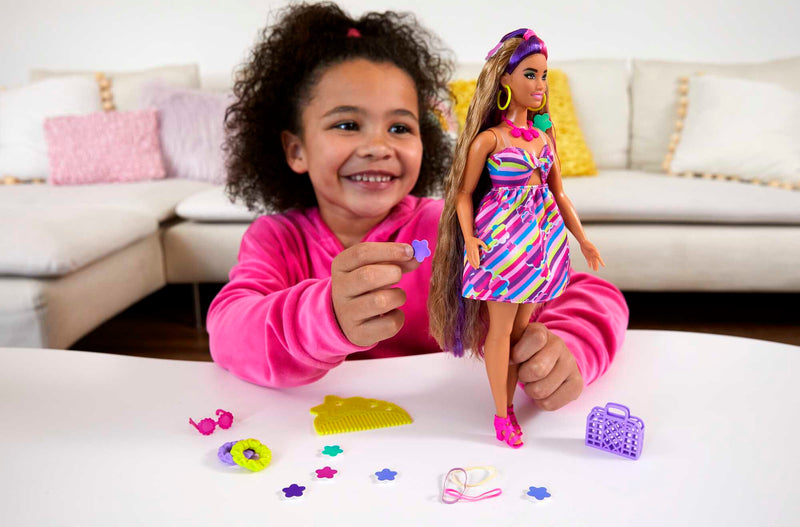 Barbie Totally Hair Flower-Themed Doll, Curvy, 8.5 inch Fantasy Hair, Dress, 15 Accessories, 3 & Up