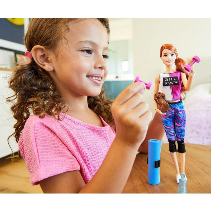Barbie Fitness Doll, Red-Haired, with Puppy and 9 Accessories, Including Yoga Mat with Strap, Hula Hoop and Weights, Gift for Kids 3 to 7 Years Old