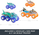 Hot Wheels Monster Trucks Toy Truck & Big Rig Multipack, 1:64 Scale Mega-Wrex & Tiger Shark with Big Rigs in Matching Power Smashers Deco