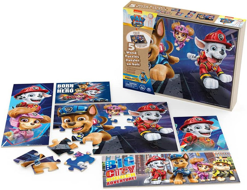 PAW PATROL THE MOVIE - SET OF 5 WOOD PUZZLES WITH STORAGE BOX FOR KIDS