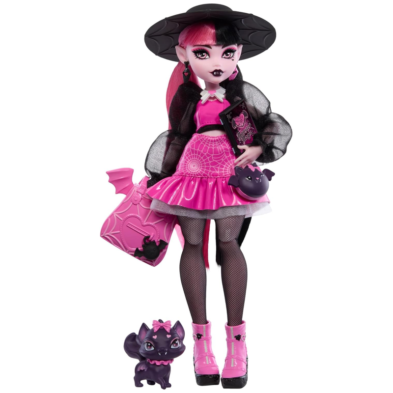 Monster High Draculaura Doll with Pet Bat-Cat Count Fabulous & Accessories Like Backpack, Spell Book, Bento Box & More