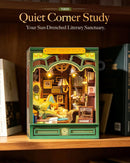 Rolife DIY Book Nook Kit Quiet Corner Study, Miniature Dollhouse Bookend with Touch LED Lights