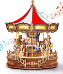 Rolife Wooden 3D Puzzles for Adults, DIY Carousel Music Box with Chaser Lights 11.6" Model Building Kit