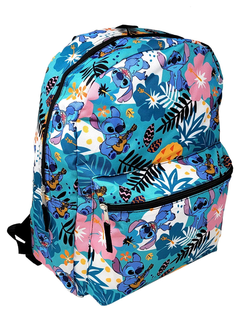 Lilo & Stitch 16" Backpack All-Over Print Flowers Pineapples w/ Front Pocket