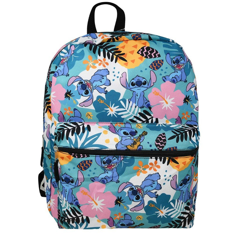 Lilo & Stitch 16" Backpack All-Over Print Flowers Pineapples w/ Front Pocket