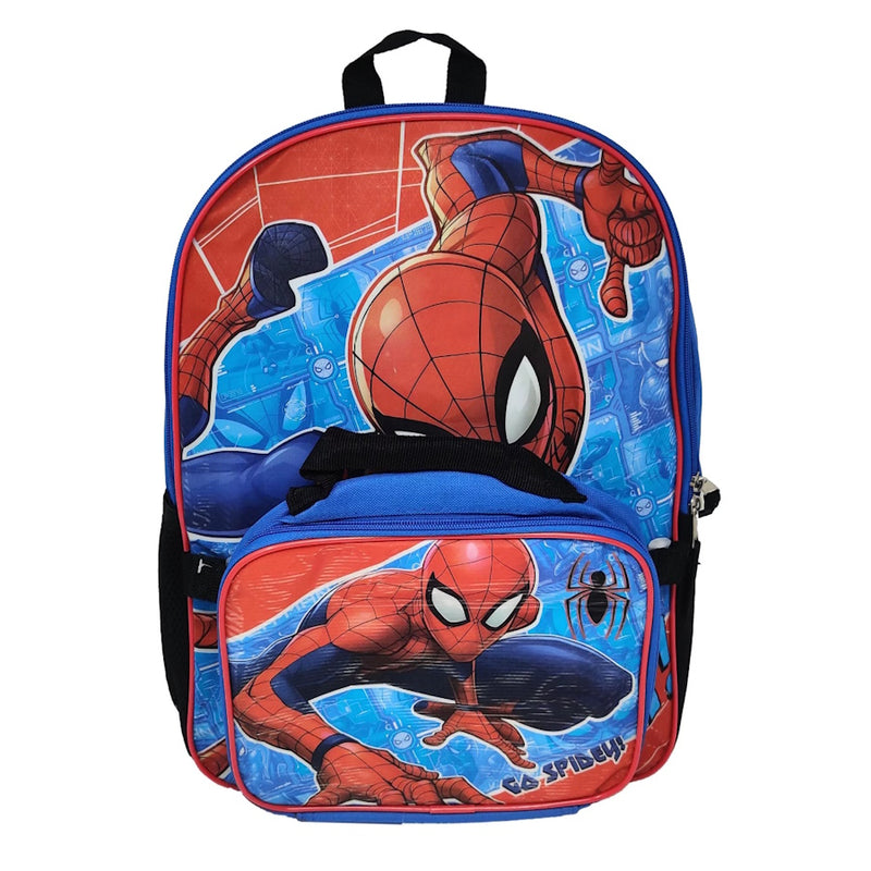 Spider-Man Backpack 16" & Insulated Lunch Bag Detachable 2-Pcs Marvel Boys Blue