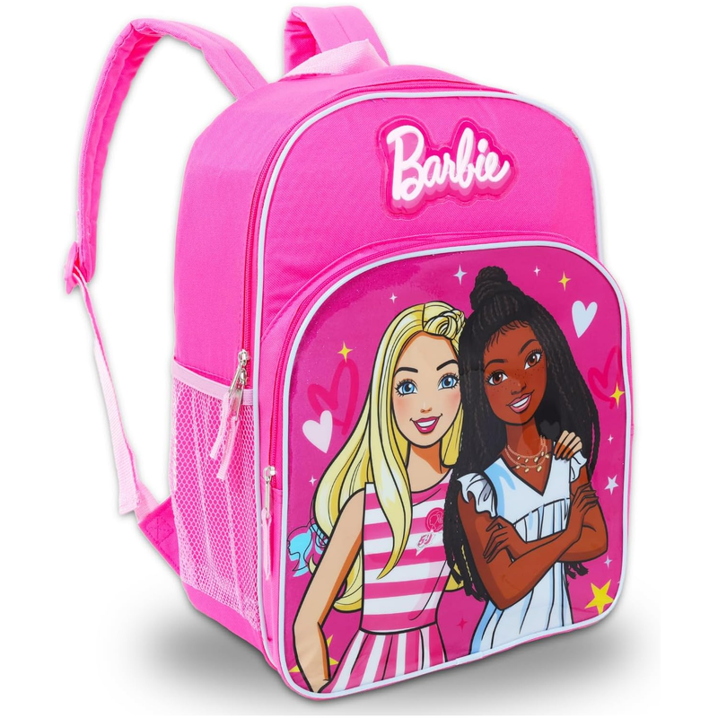 Barbie & Friend 16" Pink Girls Backpack with Front Pocket and side mesh Pockets