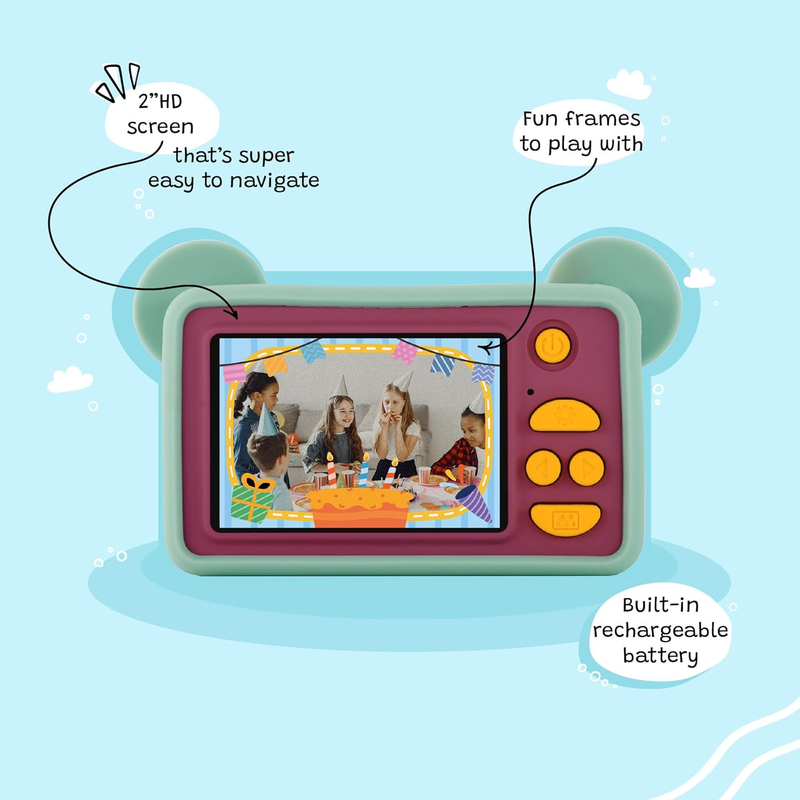 Kidamento Kids Digital Camera & Video Camcorder, Soft BPA-Free Silicone Casing, 32GB Memory Card - Model C - Mikayo The Bear