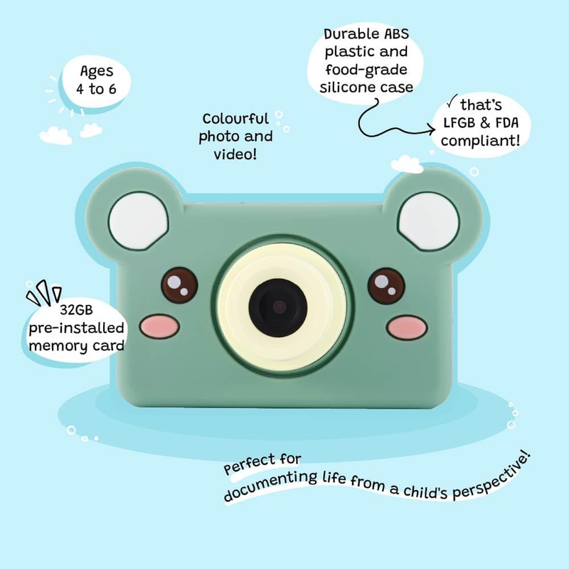 Kidamento Kids Digital Camera & Video Camcorder, Soft BPA-Free Silicone Casing, 32GB Memory Card - Model C - Mikayo The Bear