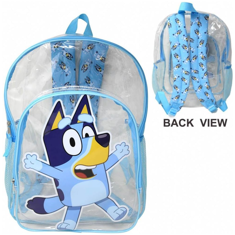 Bluey 16" Clear Backpack for Kids, Transparent Bag with 2 Side Mesh Pockets