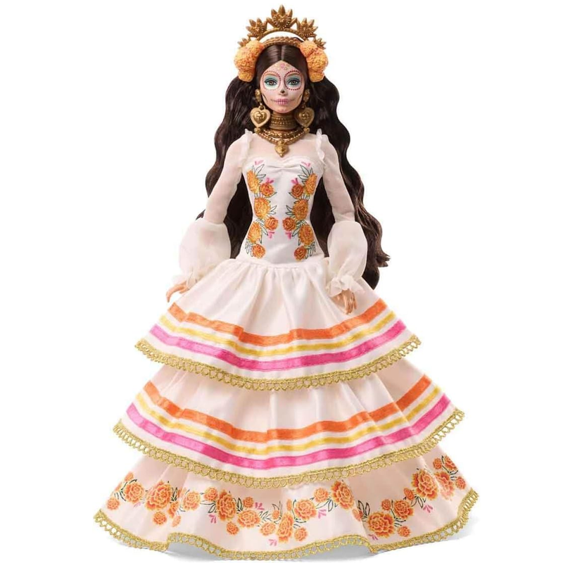 Barbie Signature Doll, Día De Muertos 2025 Collectible in Ruffled Cream Gown Trimmed with Marigolds and Ribbon, Flower Crown and Calavera Face Paint