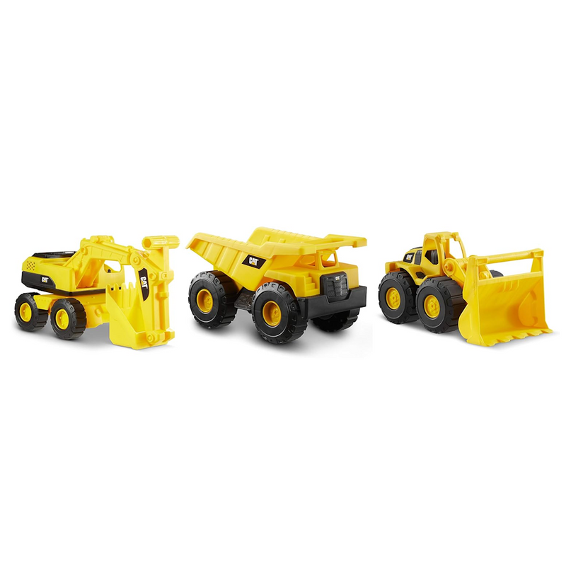 CAT Construction Toys, Mini Crew 3-Pack 7”, Push-Powered Yellow Construction Vehicle Toys, Includes Dump Truck, Wheel Loader, and Excavator for Kids and Toddlers Ages 2+