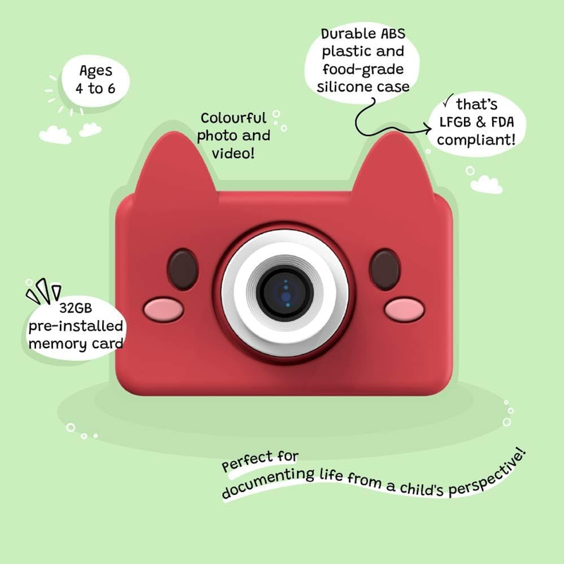 Kidamento Kids Digital Camera & Video Camcorder, Soft BPA-Free Silicone Casing, 32GB Memory Card - Model C - Akito The Fox