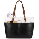 LOVEVOOK Work Tote Bags for Women, Vintage Leather 15.6 Inch Laptop Bag with Large Cup Holder in Black and White