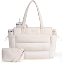 LOVEVOOK Tote Bag for Women with Giant Tumbler Holder Pocket, Puffer Work Travel Laptop Handbag with Zipper, White