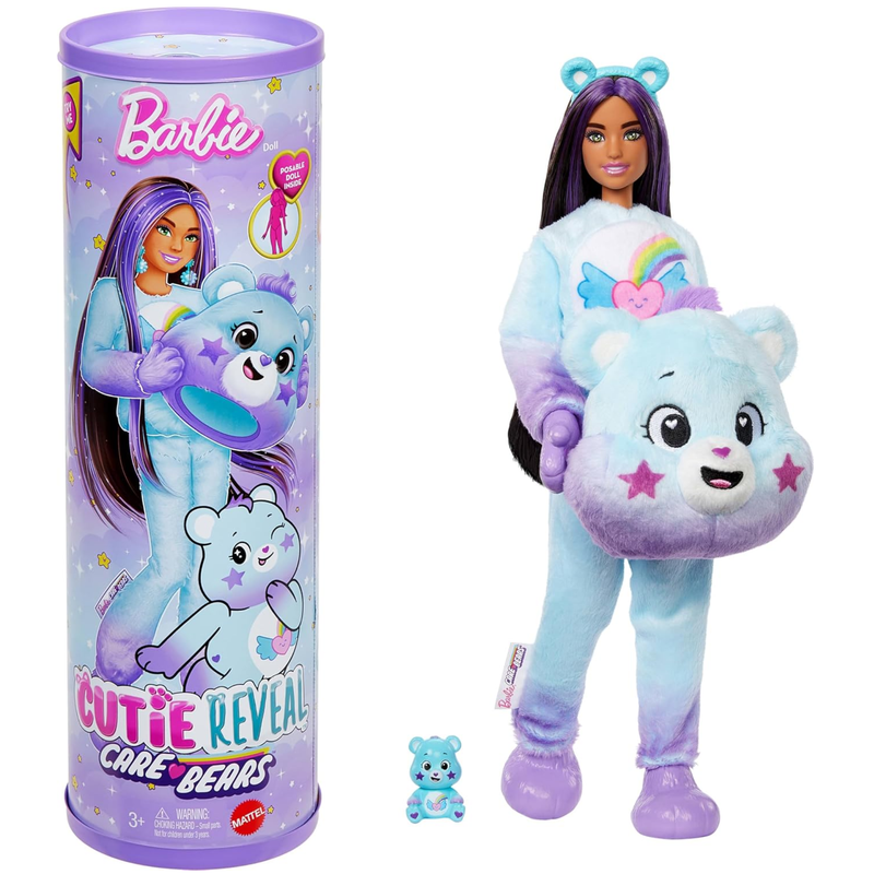 Barbie Cutie Reveal Care Bears Doll & Accessories, Series 2 Dream Bright Bear with 10 Surprises Including Color Change & Mini Bear