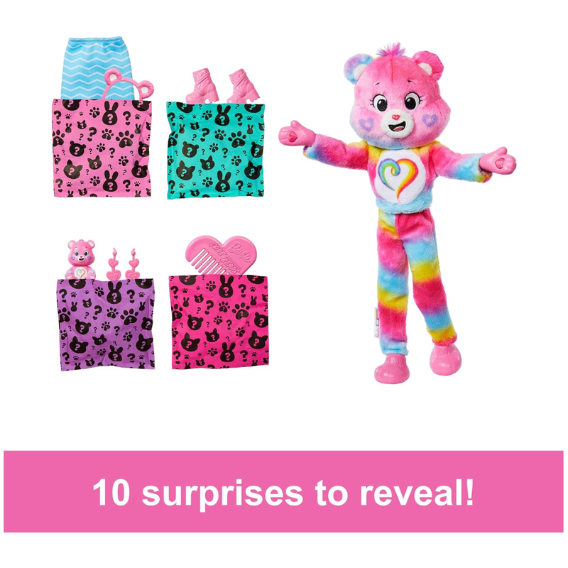 Barbie Cutie Reveal Care Bears Doll & Accessories, Series 2 Togetherness Bear with 10 Surprises Including Color Change & Mini Bear