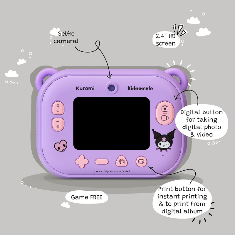Kuromi Instant Print Kids Digital Camera & Video Camcorder with Selfie Camera by Kidamento