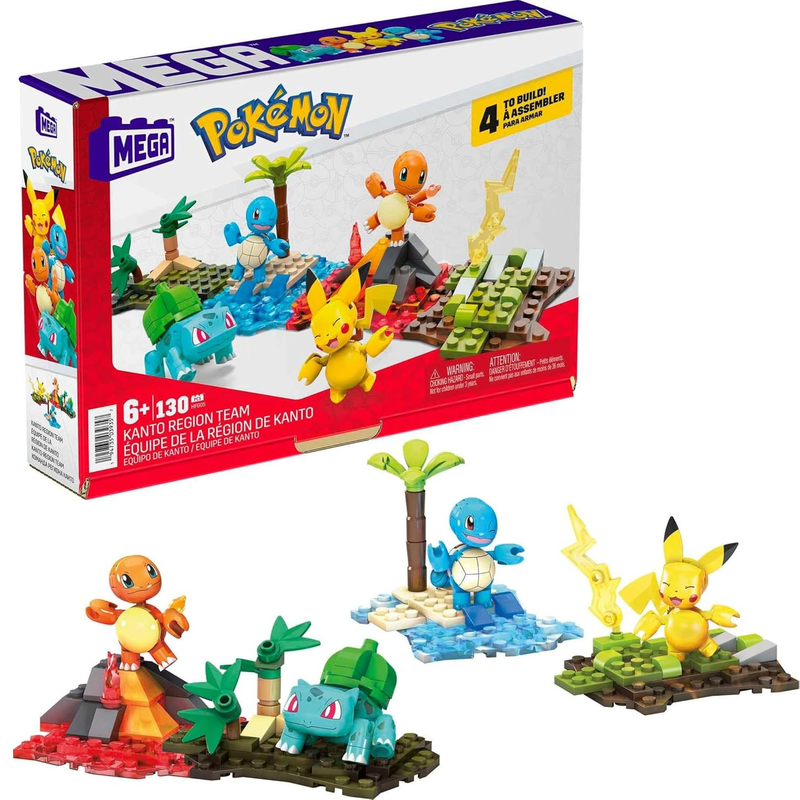 MEGA Pokémon Building Toys Set Kanto Region Team with 130 Pieces, 4 Poseable and Articulated Characters, 2 Inches Tall, for Kids