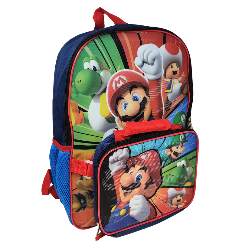 Super Mario Unisex Navy Blue Backpack 16" & Detachable Insulated Lunch Bag