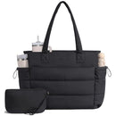 LOVEVOOK Tote Bag for Women with Giant Tumbler Holder Pocket, Puffer Work Travel Laptop Handbag with Zipper, Black