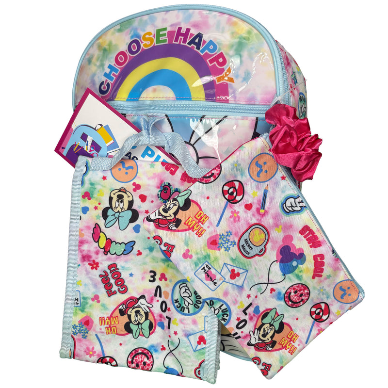 Disney Minnie Mouse Kids School Backpack 16" 5PC Lunch Kit, Keychain, Scrunchie, keychain, and utility case