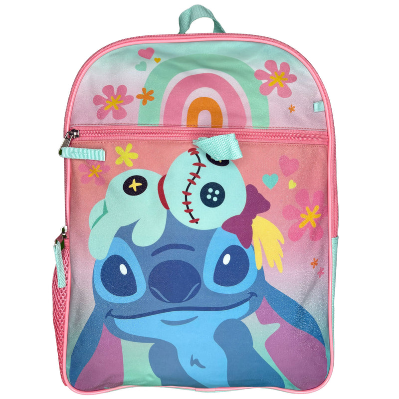 Disney Stitch Kids School Backpack 16" 5PC Lunch Kit, Keychain, Metal Carabiner, Batman keychain, and utility case