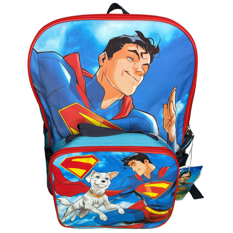 DC Superman 16" School Backpack with Large Pocket & Rectangular Lunch Bag