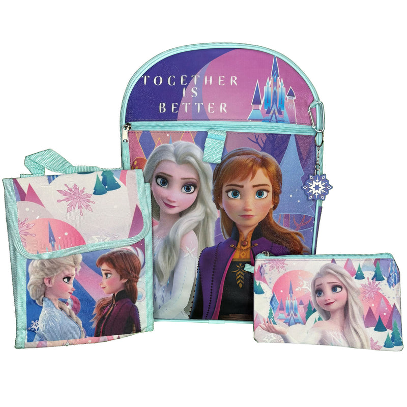 Disney Frozen Kids School Backpack 16" 5PC Lunch Kit, Keychain, Carbonator clip, keychain, and utility case