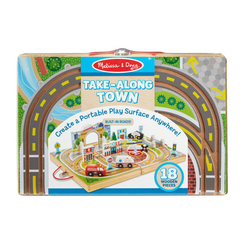 Melissa & Doug 18-Piece Wooden Take-Along Tabletop Town, 4 Rescue Vehicles, Play Pieces, Bridge