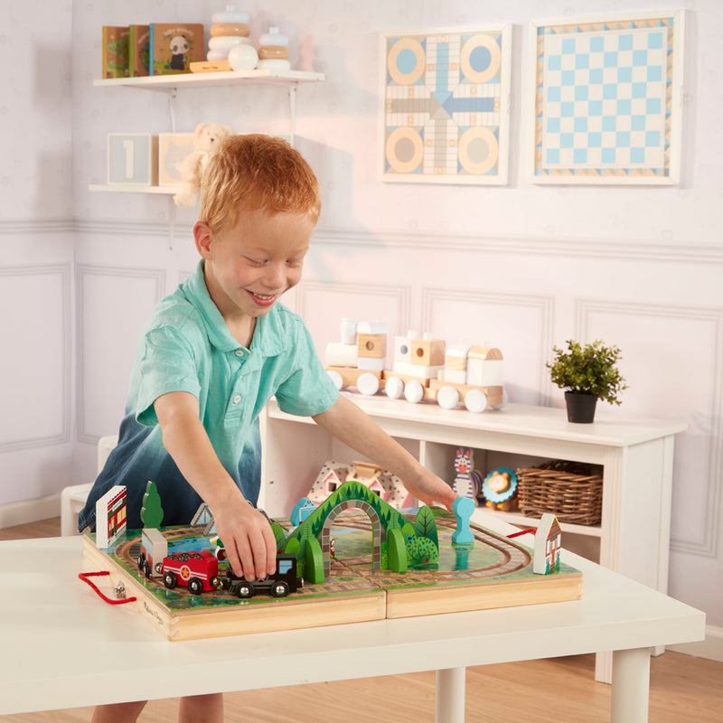 Melissa & Doug 17-Piece Wooden Take-Along Tabletop Railroad, 3 Trains, Truck,Play Pieces, Bridge