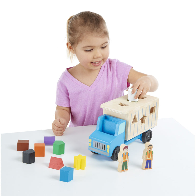 Melissa & Doug Shape-Sorting Wooden Dump Truck Toy With 9 Colorful Shapes and 2 Play Figures