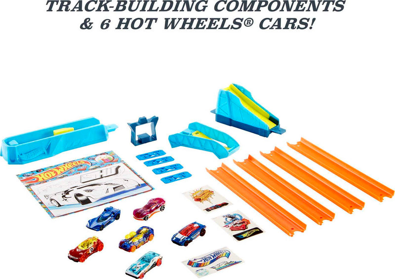 Hot Wheels Celebration Box Complete Starter Set with 6 Cars, Track & Ramps Car Vehicle Playset, 13 Pieces