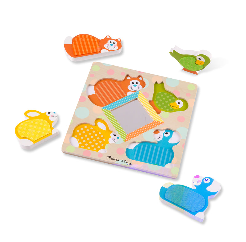 Melissa & Doug First Play Wooden Touch & Feel Puzzle Peek-a-Boo Pets With Mirror (4 Textured pcs)